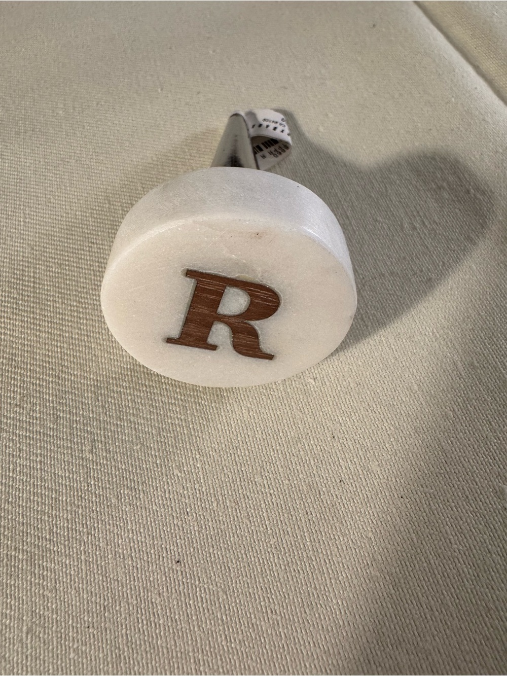 Monogram 'R' Marble Doorstop in White with Wood Accent